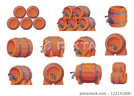 Wooden barrel. Big containers storage for wine from brewery industry exact vector barrels set 122141806