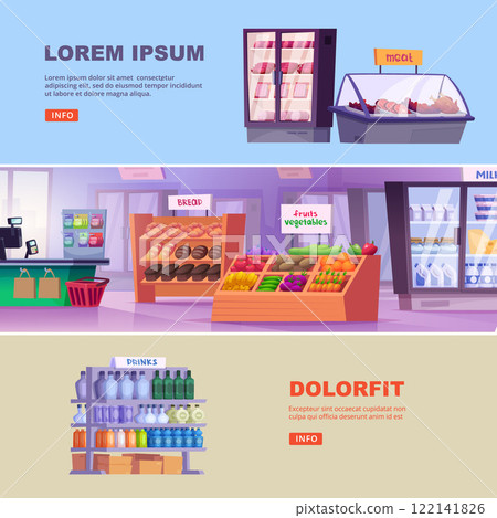 grocery market. banners with fresh product places milk meat bread. vector templates set 122141826