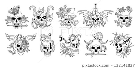 Creepy skull. Death symbols skull tattoo illustrations recent vector design template set 122141827