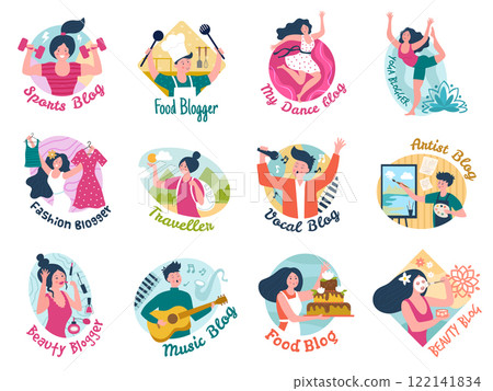 Bloggers emblem. Vlog recording characters social emblem or badges design recent vector template set 122141834