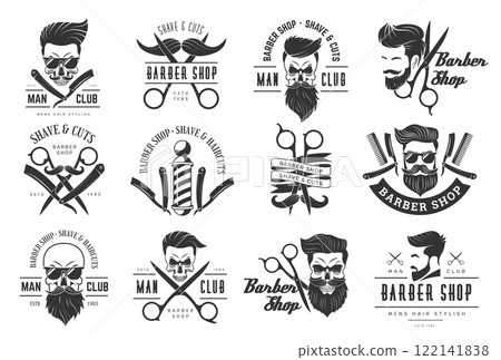 Barber shop. Decorative labels for barbershop hairdresser recent vector emblem with place for text 122141838
