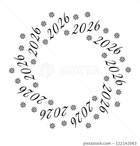 2026 date and snowflakes Circular frame in trendy minimalism. New Year greeting Copy space template 2026 date and snowflakes Circular frame in trendy minimalism. New Year greeting Copy space template 122142063