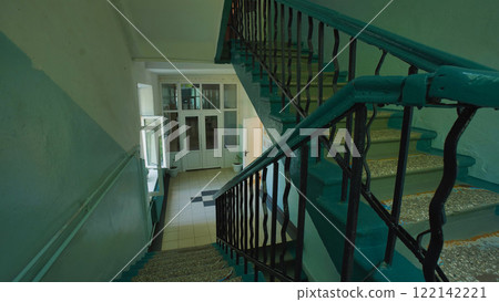 School's last day, empty staircase with green railing leading to entrance School's last day, empty staircase with green railing leading to entrance 122142221