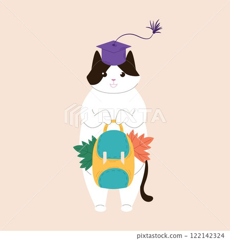 Tuxedo cat in a square academic cap holds a backpack and autumn leaves in its paws in flat. Autumn illustration for Education themed design. 122142324