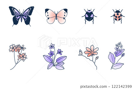 Spring flowers and insects line drawing set color Spring flowers and insects line drawing set color 122142399