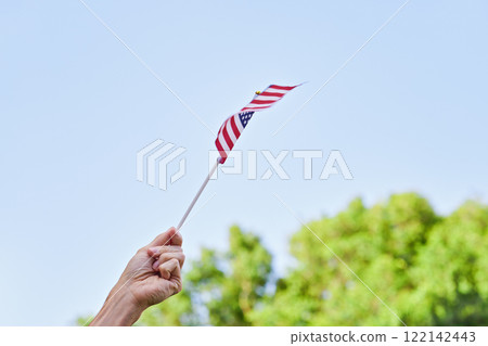 Hand proudly holding small American flag, waving it against clear blue sky with green trees in background, symbolizing patriotism 122142443