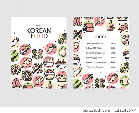 Korean Food Menu Card Template Set with Thin Line Icons. Vector Korean Food Menu Card Template Set with Thin Line Icons. Vector 122142577