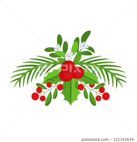 Christmas floral border. Spruce evergreen branch, poinsettia and holly berry 122142634