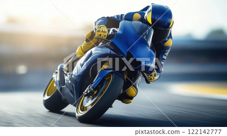 Professional motorcyclist wearing blue and yellow racing suit leaning into sharp turn on a high-speed track during a daytime race. 122142777