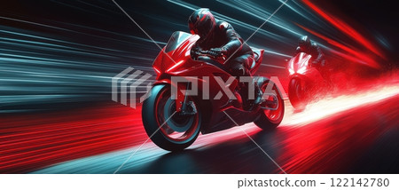 Two motorcyclists in sleek black gear racing through a neon-lit track, creating a futuristic and dynamic motorsport scene. Two motorcyclists in sleek black gear racing through a neon-lit track, creating a futuristic and dynamic motorsport scene. 122142780