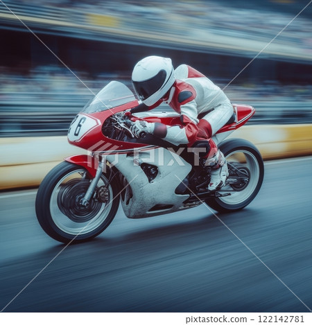 A vintage-style motorcyclist in red and white gear speeding on a classic bike during a race event. 122142781