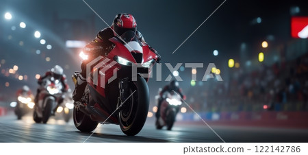 Motorcyclists in full gear competing under bright stadium lights during high-speed nighttime race, showcasing motorsport precision and intensity. 122142786