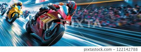 Professional motorcyclists in colorful racing suits competing on high-speed track, with blurred spectators in the background. Professional motorcyclists in colorful racing suits competing on high-speed track, with blurred spectators in the background. 122142788