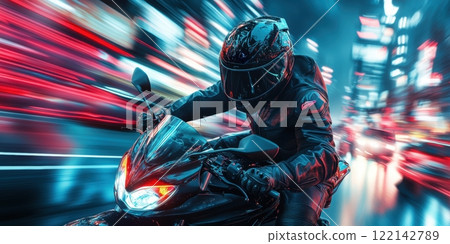 Focused motorcyclist in reflective black gear speeding under vibrant neon city lights. Energy, precision and style in motorsport. Focused motorcyclist in reflective black gear speeding under vibrant neon city lights. Energy, precision and style in motorsport. 122142789