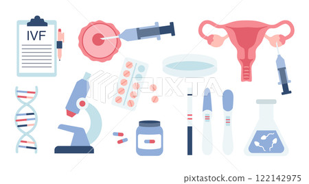 In vitro fertilization IVF set elements in cartoon flat style. Medical tests, egg, uterus. DNA and sperm analysis. Pregnancy and ovulation test. Vector illustration 122142975