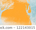 Mysterious foggy forest - simple woodland background illustration vintage orange on paper texture 122143015