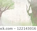 Mysterious foggy forest - simple woodland background illustration vintage white on paper texture 122143016
