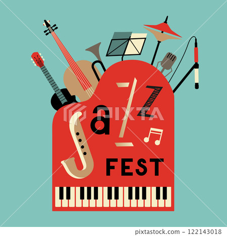 Jazz Fest Colorful Minimalist Design vector icon. Musical instruments simple shapes set in retro colors cartoon vintage style illustration. Jazz music festival live event performance background Jazz Fest Colorful Minimalist Design vector icon. Musical instruments simple shapes set in retro colors cartoon vintage style illustration. Jazz music festival live event performance background 122143018