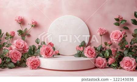 迷你舞台背景素材，周圍環繞著華麗的粉紅玫瑰 122143036
