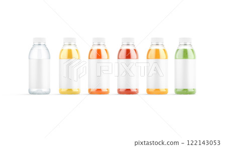 Blank 16 oz plastic bottle with different juice mockup, front view Blank 16 oz plastic bottle with different juice mockup, front view 122143053