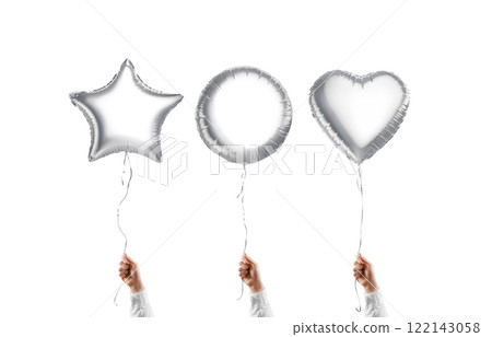 Hand holding blank silver star, round and heart balloon mockup Hand holding blank silver star, round and heart balloon mockup 122143058