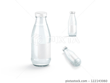 Blank transparent glass water bottle white label mockup, different views 122143060