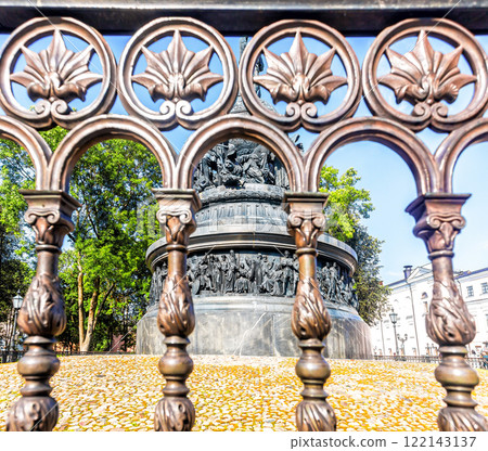 Fragment of monument to the Millennium of Russia (1862). Selective focus 122143137