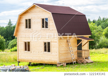 New small wooden house on a metal pile foundation in summer New small wooden house on a metal pile foundation in summer 122143141