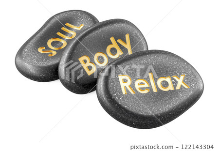 Massage Stones for spa therapy. Soul, body, relax inscription on the black massage stones. 3D rendering 122143304