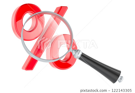 Percent sign with loupe, 3D rendering Percent sign with loupe, 3D rendering 122143305