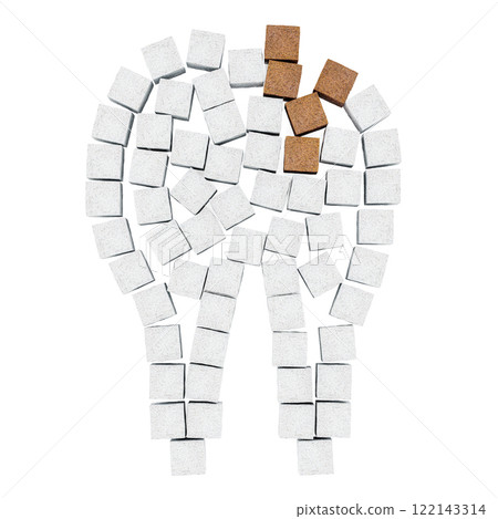 Tooth with caries from sugar cubes. Sugar destroys the tooth enamel and leads to tooth decay. 3D rendering 122143314