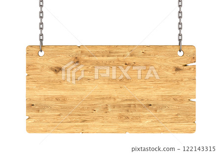 Wooden Hanging Sign on chain, front view. 3D rendering Wooden Hanging Sign on chain, front view. 3D rendering 122143315