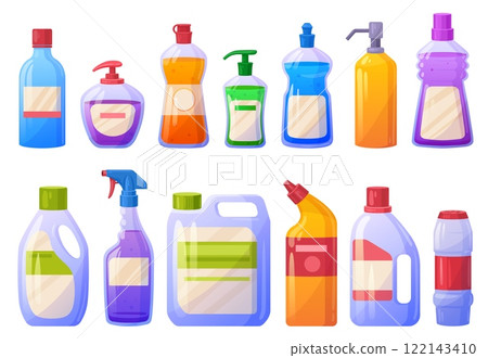 Cartoon detergent bottles. Cleaning supplies products, cleaner bleach bottle liquid soap household cleanser spray detergents containers chemical cleanup, tidy vector illustration Cartoon detergent bottles. Cleaning supplies products, cleaner bleach bottle liquid soap household cleanser spray detergents containers chemical cleanup, tidy vector illustration 122143410