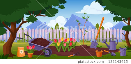 Backyard garden landscape. Spring gardening cartoon background, home back yard with fence green grass lawn tulip flowers shovel wheelbarrow, agriculture tidy vector illustration Backyard garden landscape. Spring gardening cartoon background, home back yard with fence green grass lawn tulip flowers shovel wheelbarrow, agriculture tidy vector illustration 122143415