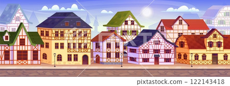 German village street. Medieval half timber houses vintage victorian european architecture, old normandy city town cartoon landscape germany mansion swanky vector illustration 122143418