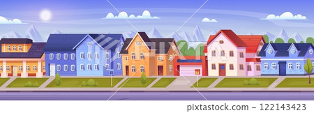 Suburban village street. Suburb district neighbourhood, cartoon cottages front row residential houses country city urban home exterior villa with garage, swanky vector illustration 122143423