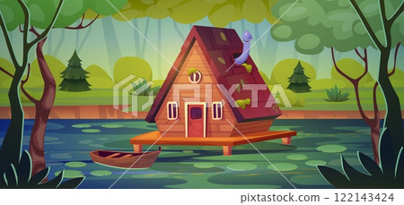 Swamp house. Stilt wooden hut boat in wild morass, witch home mysterious jungle mystic forest on pond or lake, marsh fantasy game cartoon scene landscape swanky vector illustration 122143424