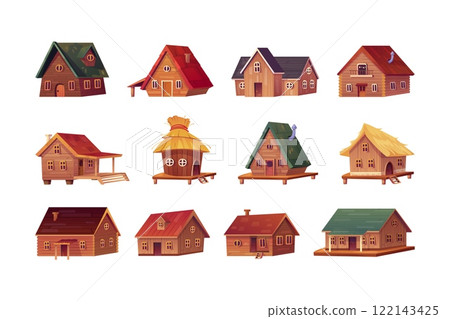 Cartoon wooden cabins. Wood log houses, mountain chalet travel hotel bungalow forest camp hut rustic village cottage family summer home shack cabin set, swanky vector illustration 122143425