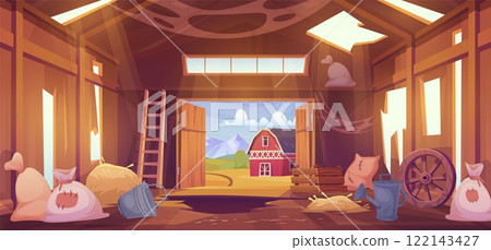 Abandoned barn. Old rustic shed room cartoon interior, broken deserted farmhouse destroyed wooden floor with hole indoor rural stable antique storehouse, swanky vector illustration Abandoned barn. Old rustic shed room cartoon interior, broken deserted farmhouse destroyed wooden floor with hole indoor rural stable antique storehouse, swanky vector illustration 122143427