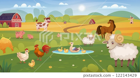 Farm animals yard. Cartoon barnyard scene with walking farming animal domestic pets outside barn, farmyard pasture livestock cow lamb pig chicken group, swanky vector illustration Farm animals yard. Cartoon barnyard scene with walking farming animal domestic pets outside barn, farmyard pasture livestock cow lamb pig chicken group, swanky vector illustration 122143429