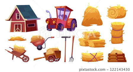 Cartoon hay farming. Farm equipment, agriculture rural village elements barn hayloft bale dry wheat ears stack tractor hayrick cart wheelbarrow rake, swanky set vector illustration 122143430