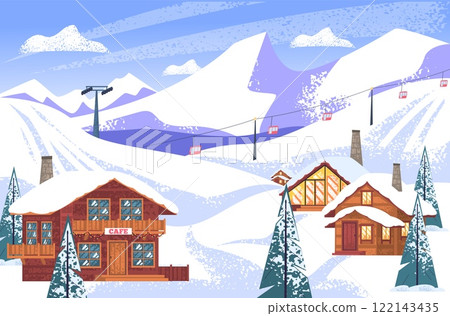 Ski resort landscape. Snowy mountain with skier track slope hill and hotel chalets, winter holiday snow village cartoon scenery skiing snowboard trip, classy vector illustration 122143435