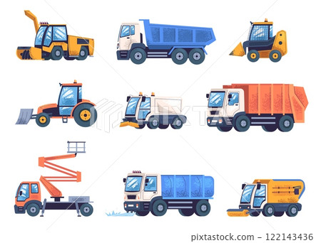 City cleaning machines. Urban municipal emergency cars, technic garbage truck street sweeper for wash roads, auto vehicle cleaners tractors cartoon set classy vector illustration City cleaning machines. Urban municipal emergency cars, technic garbage truck street sweeper for wash roads, auto vehicle cleaners tractors cartoon set classy vector illustration 122143436