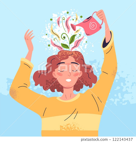 Growth positive think. Grow mindset and optimistic thinking, self improvement mental health happy mind woman watering plant flower brain in head, concept classy vector illustration 122143437