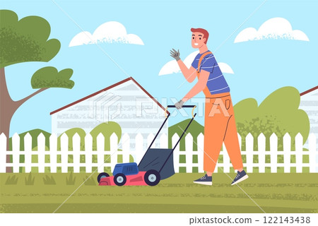 Man lawn mowing. Gardener with lawnmower mow grass on backyard green nature landscape, garden maintenance work professional gardeners, cartoon gardening classy vector illustration 122143438
