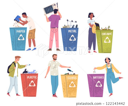 People sorting trash. Man woman throw out garbage in recycling bins, separate waste dustbin paper organic food plastic waste bag segregation for reuse, classy vector illustration 122143442