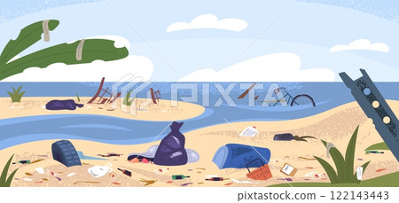 Polluted beach. Throwing garbage on river or sea coast, trash dump plastic waste pile in ocean island dirty ground water environment pollution landscape, classy vector illustration 122143443