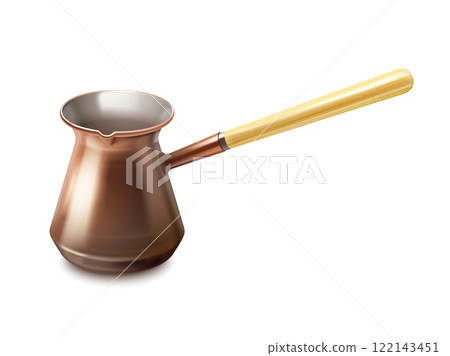 Realistic turkish coffee pot. 3d coffeepot copper cezve with wooden handle for cooking arabic espresso roast and pouring, isolated cafe kitchen tableware exact vector illustration 122143451