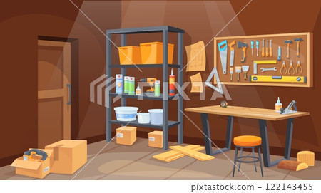 Workshop garage interior. Home shed or storage room inside house, mechanic or carpenter workbench with repair tool peg board wall hardware shelf, cartoon neat vector illustration 122143455