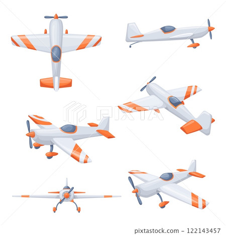 Cartoon propeller planes. Farm airplane front side top view, small aircraft civil aviation cessna private jet aerobatic plane flight aeroplane air set, neat vector illustration 122143457